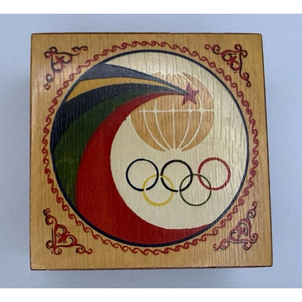 Vintage 1980 Moscow Olympics Hand Painted Wooden Box Soviet Memorabilia